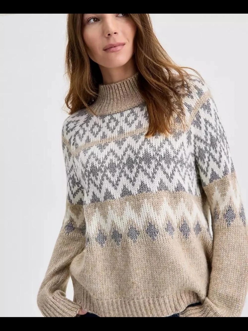 Lucky Brand Fair Isle Turtleneck Sweater in Beige and Cream - Picture 3 of 11